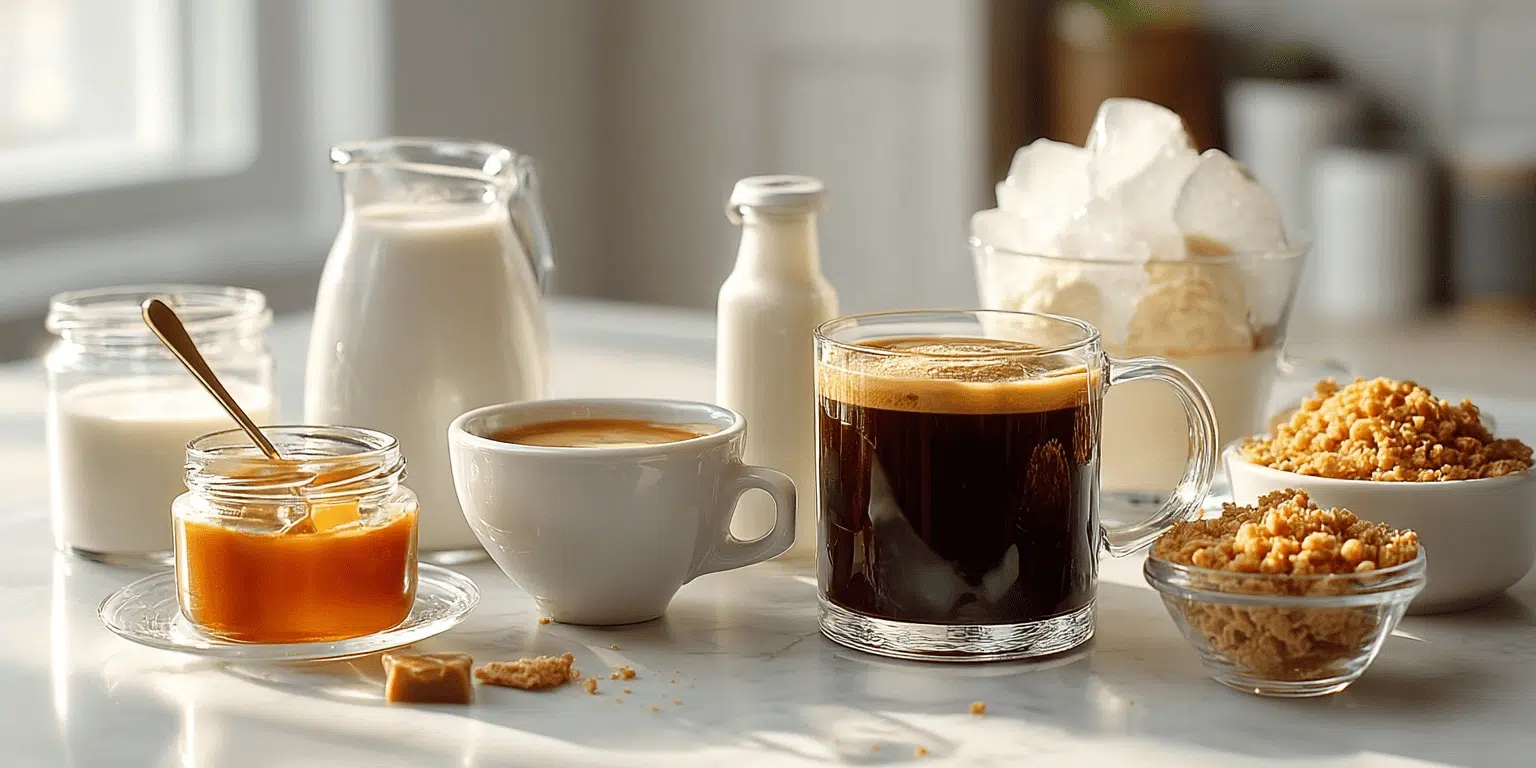 Ingredients for Copycat Starbucks Caramel Frappuccino including coffee, milk, caramel syrup, and ice