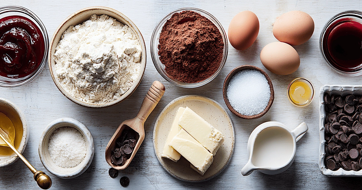 Ingredients for hot fudge brownie bread recipe including cocoa powder, flour, butter, eggs, and chocolate chips