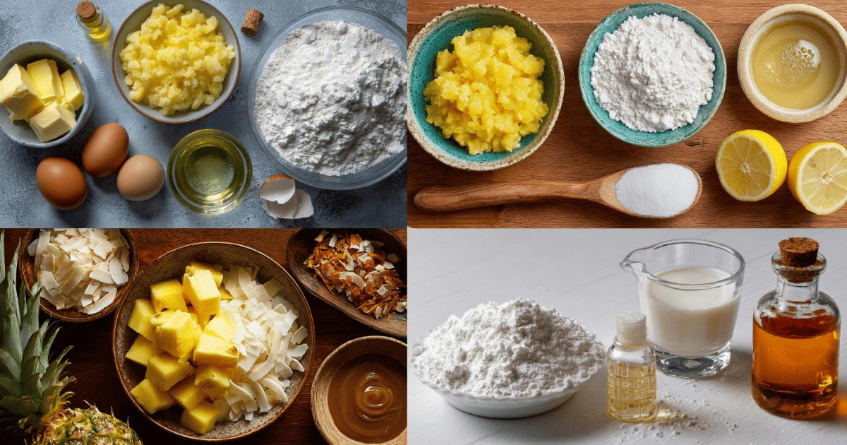 ngredients for Juicy Pineapple Heaven Cake displayed in bowls, including pineapple, flour, eggs, coconut, lemon, and milk