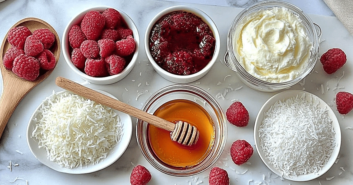 Fresh raspberries, shredded coconut, honey, and coconut cream arranged in bowls for no-bake raspberry coconut balls