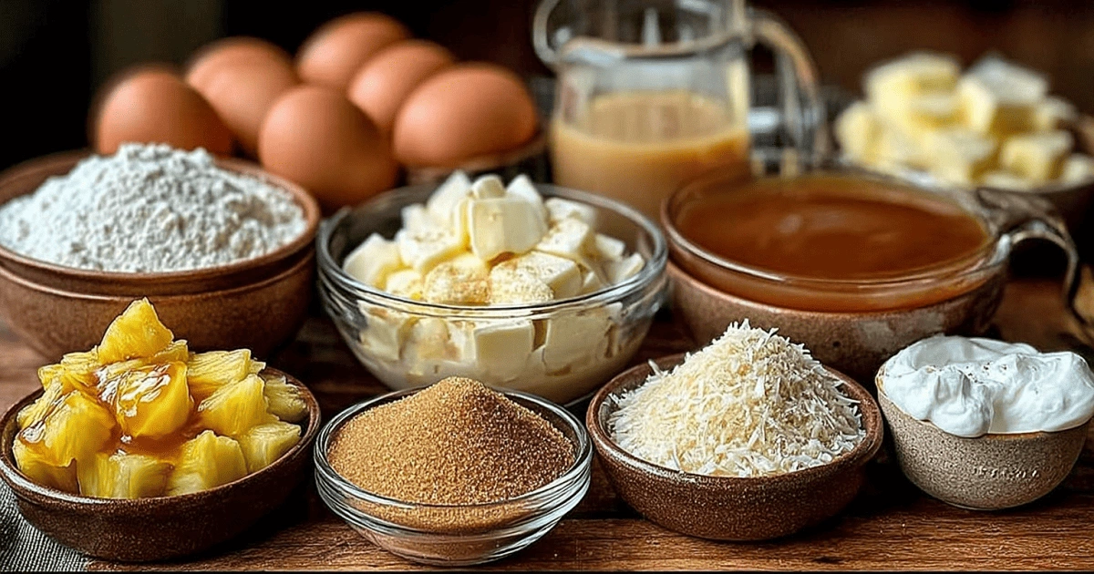 Ingredients for Pineapple Heaven Cake with caramel glaze including pineapple, flour, eggs, butter, sugar, and cream