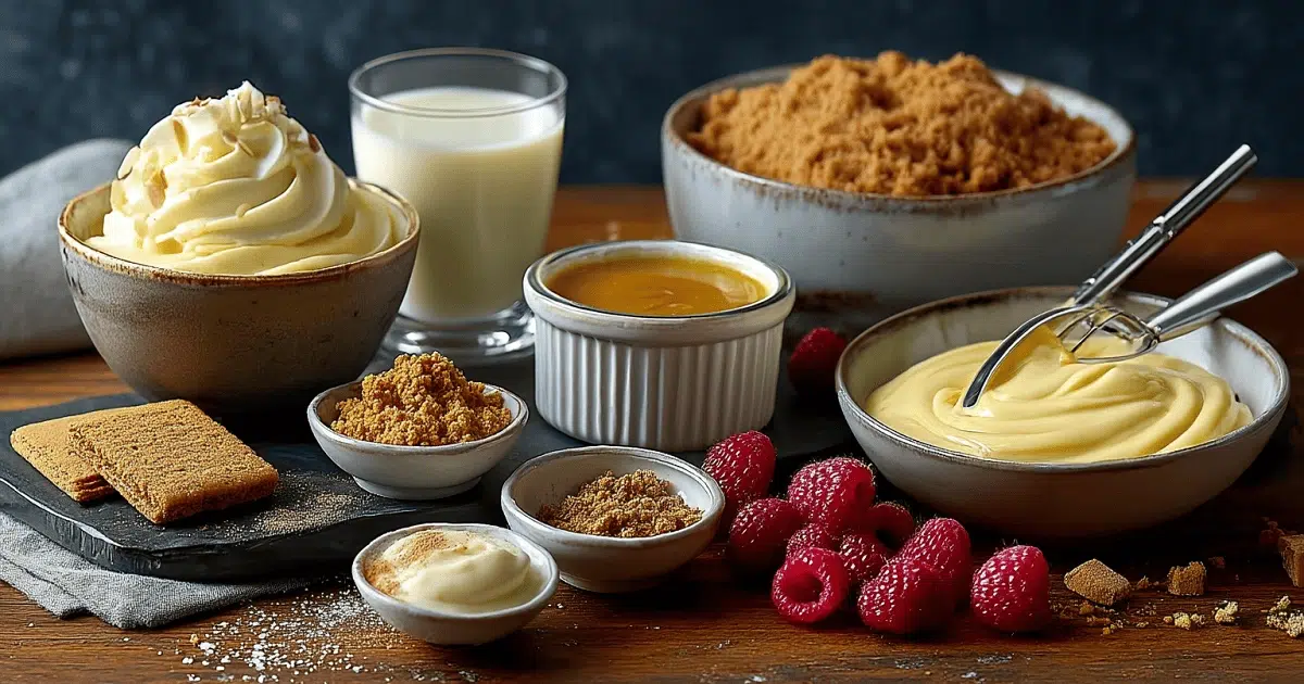 Ingredients for raspberry custard crunch milkshakes including whipped custard, pudding, raspberries, speculoos cookies, brown sugar crumble, and milk