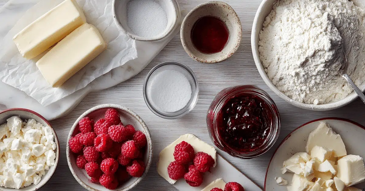 Ingredients for Raspberry Shortbread Cookie Bars with White Chocolate Drizzle