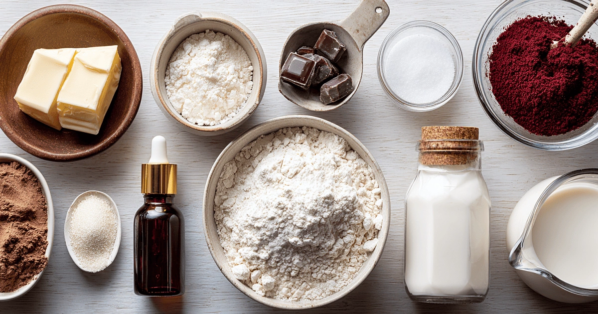 Ingredients for Southern Chocolate Cobbler including flour, cocoa, sugar, milk, butter, and vanilla extract