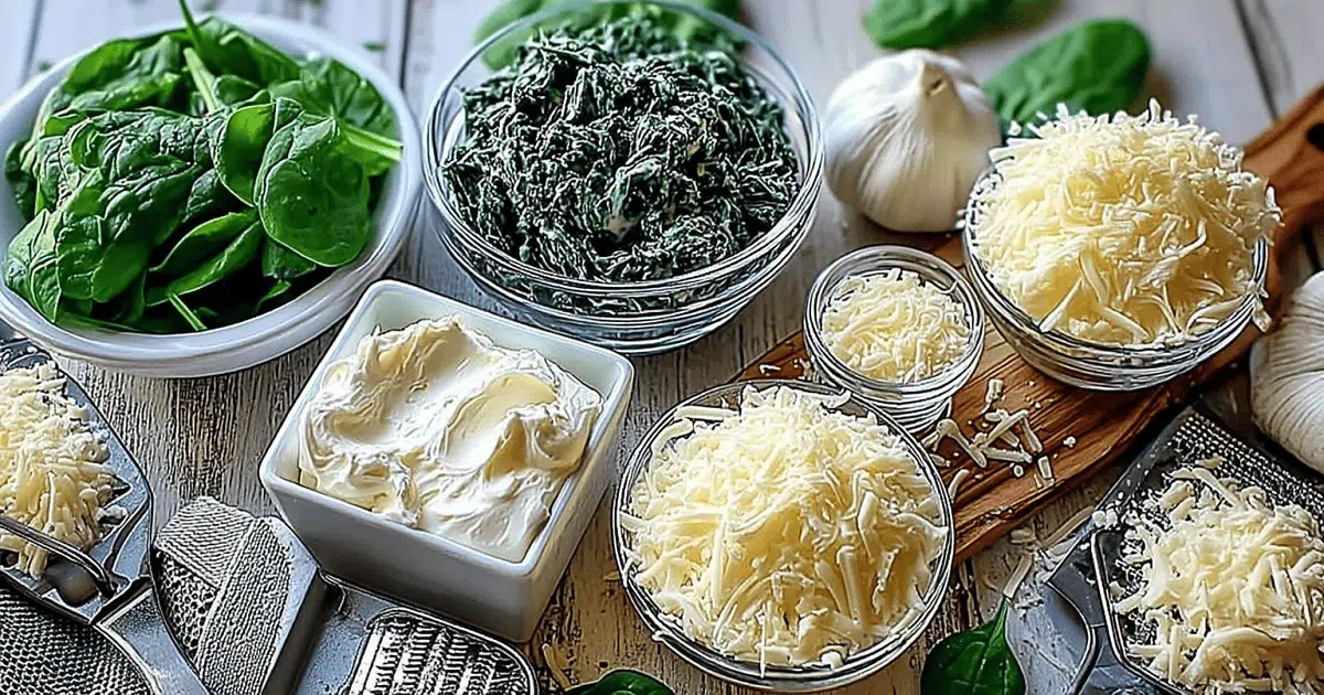 Ingredients for spinach cheese crisps including fresh spinach, shredded mozzarella, parmesan, and cream cheese
