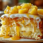 Juicy Pineapple Heaven Cake slice topped with pineapple chunks and dripping vanilla glaze