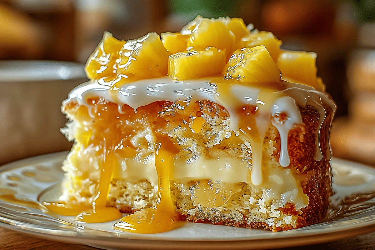 Juicy Pineapple Heaven Cake slice topped with pineapple chunks and dripping vanilla glaze
