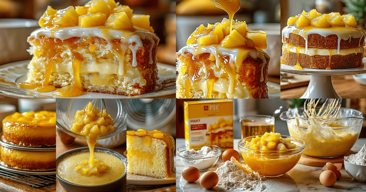 Step-by-step collage showing Juicy Pineapple Heaven Cake being made, with pineapple custard, vanilla glaze, and fresh ingredients