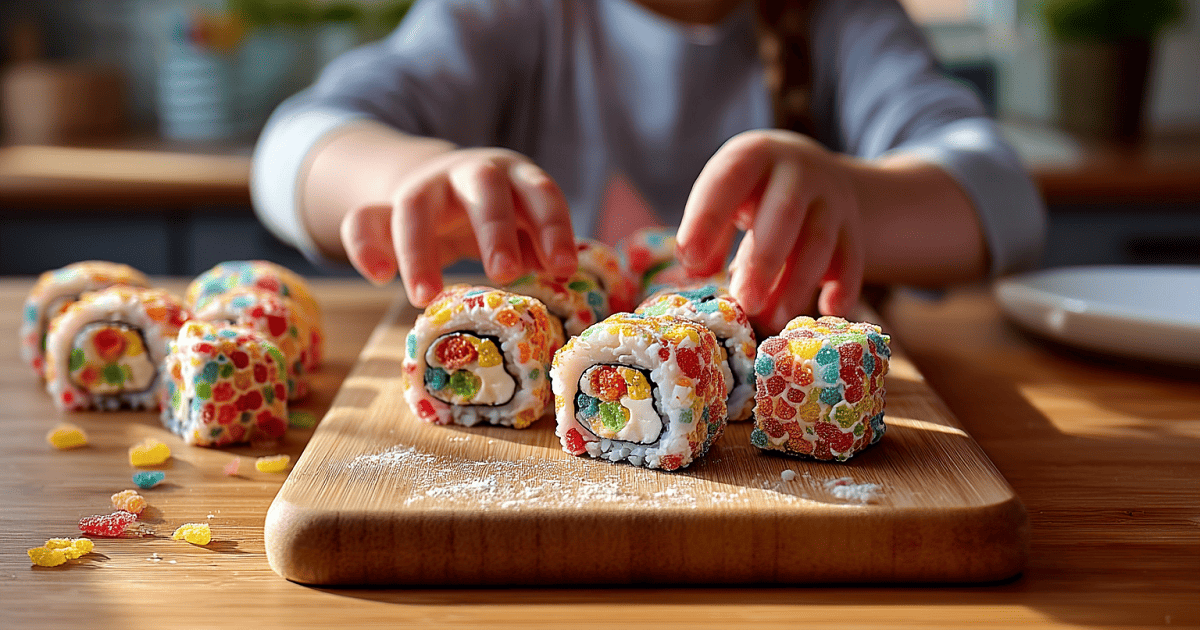  Kids rolling fruity pebbles sushi