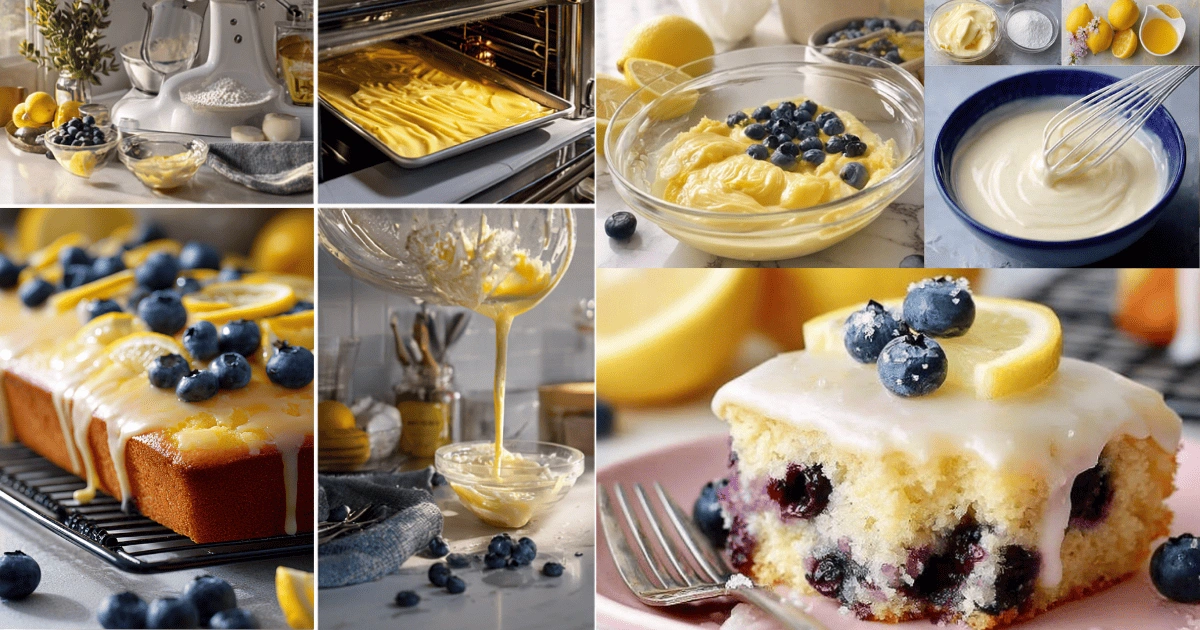 Step-by-step collage showing how to make lemon blueberry sheet cake with ingredients, batter mixing, baking, glaze pouring, and final slice