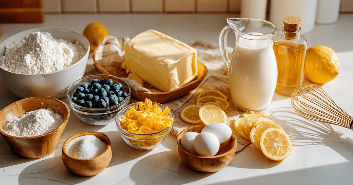 Ingredients for lemon blueberry sheet cake including flour, butter, blueberries, eggs, lemons, sugar, and buttermilk