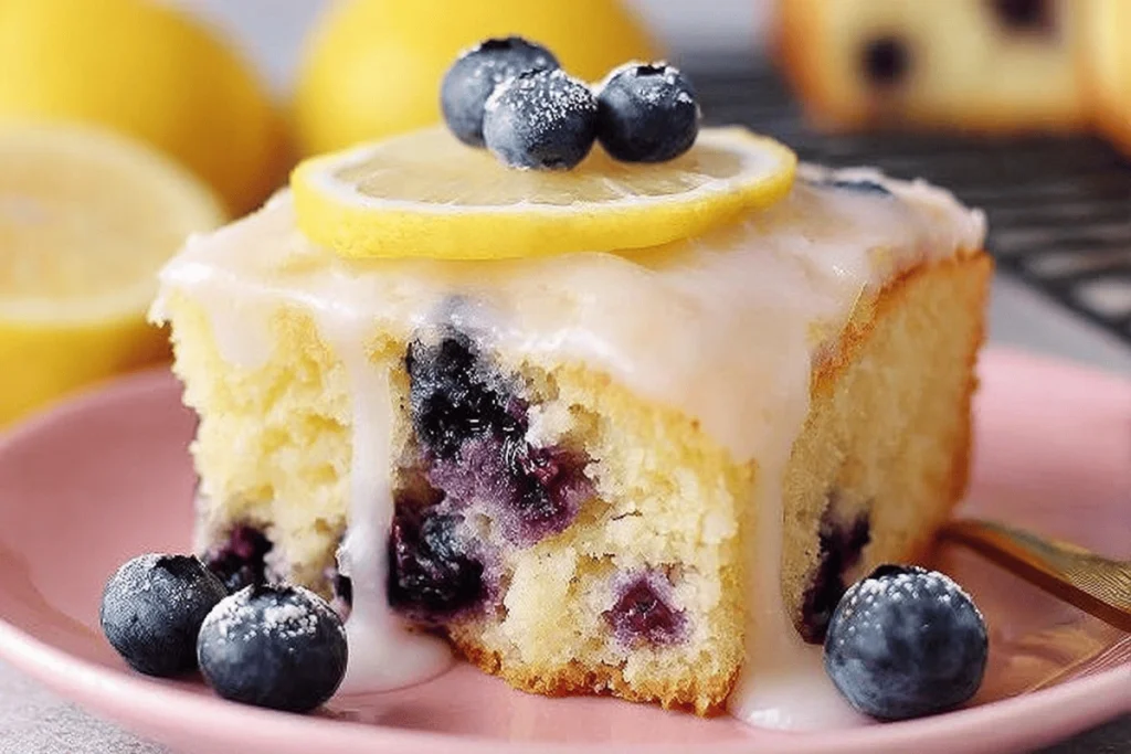 Moist slice of lemon blueberry sheet cake with lemon glaze, topped with lemon slice and fresh blueberries