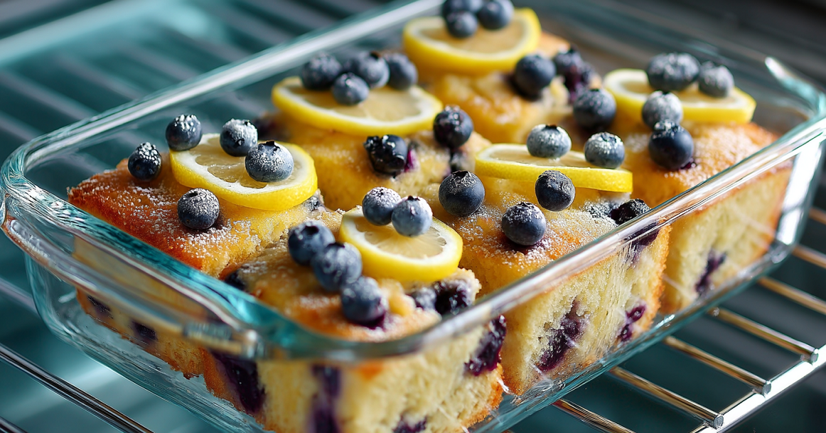 Stored Lemon Blueberry Sheet Cake in container
