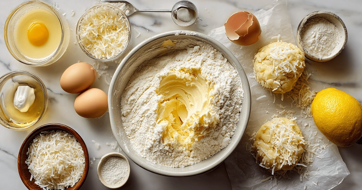Close-up of lemon coconut cheesecake cookie dough scoops on parchment with surrounding ingredients like flour, eggs, shredded coconut, lemon, and butter in bowls