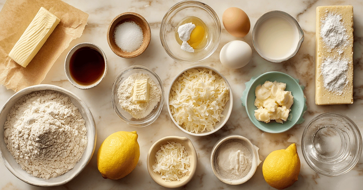 Flat lay of fresh ingredients for lemon coconut cheesecake cookies including flour, shredded coconut, butter, lemon, eggs, cream cheese, and vanilla extract
