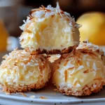 Close-up of lemon coconut cheesecake cookies with toasted coconut flakes and creamy lemon topping