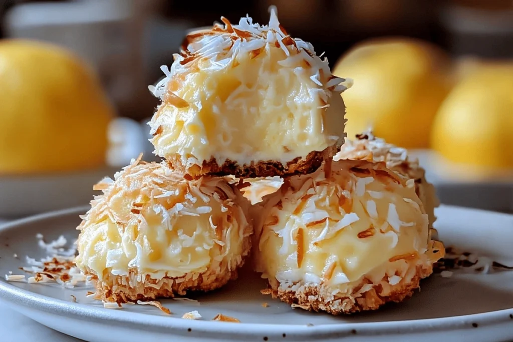 Close-up of lemon coconut cheesecake cookies with toasted coconut flakes and creamy lemon topping