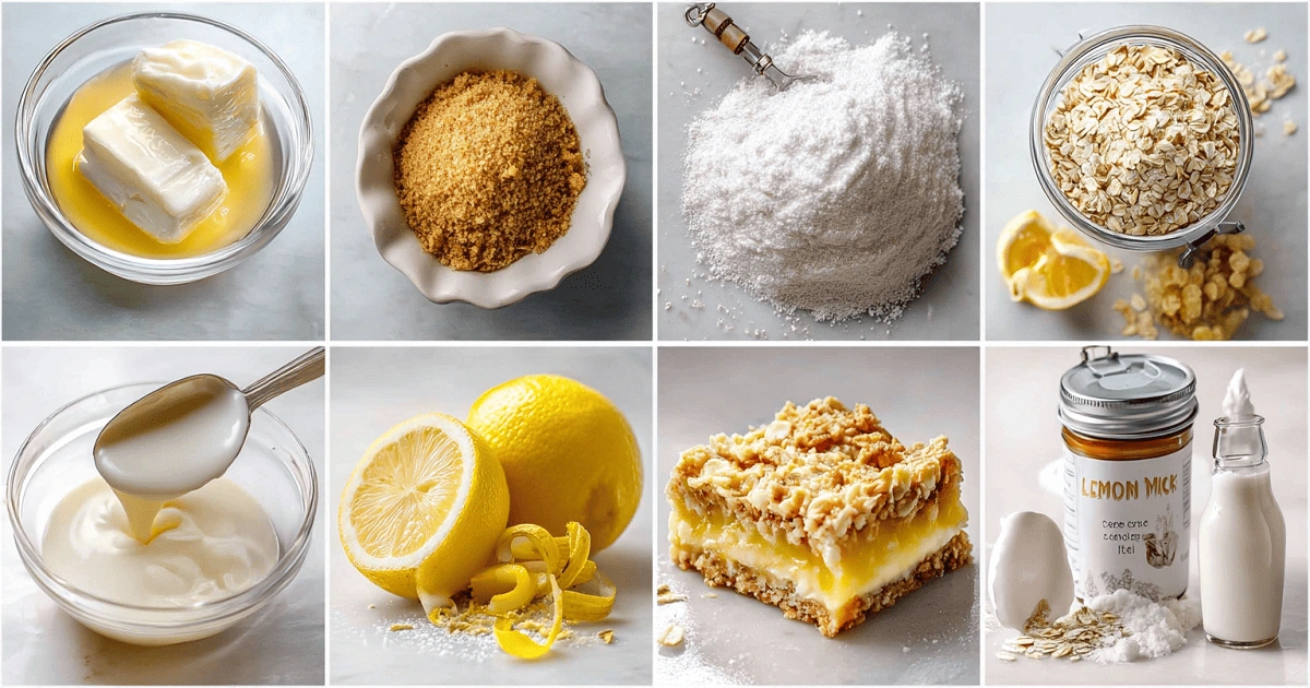 Ingredients for lemon oatmeal crumble bars laid out on a kitchen surface