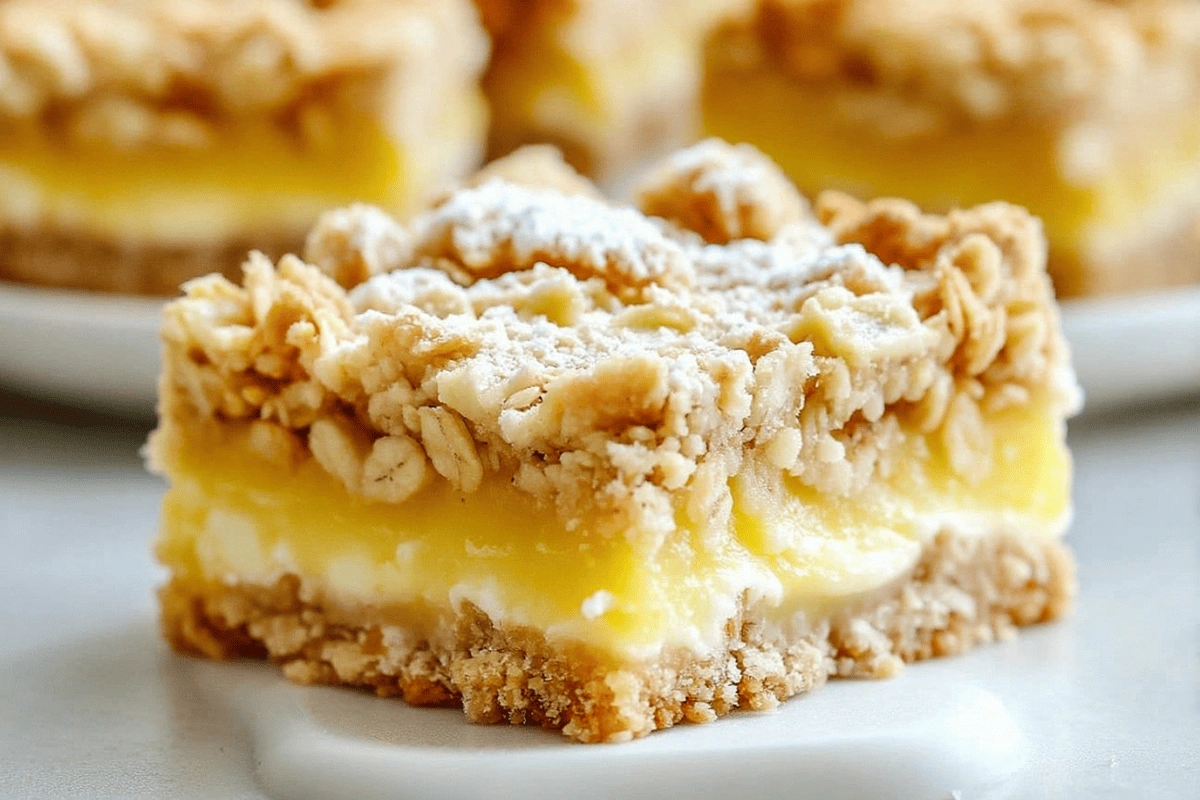 Lemon oatmeal crumble bars with a golden oat topping and creamy lemon filling