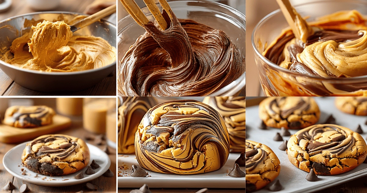 Peanut Butter Brownie Swirl Cookies from mixing dough to baked swirls with chocolate chips