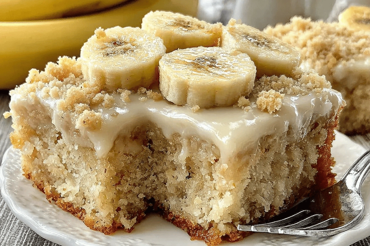 Moist banana bread bars topped with brown butter frosting and fresh banana slices