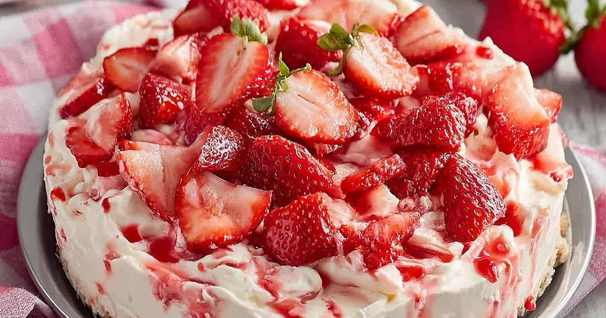 Close-up of no-bake banana strawberry cheesecake topped with fresh sliced strawberries and swirled strawberry sauce