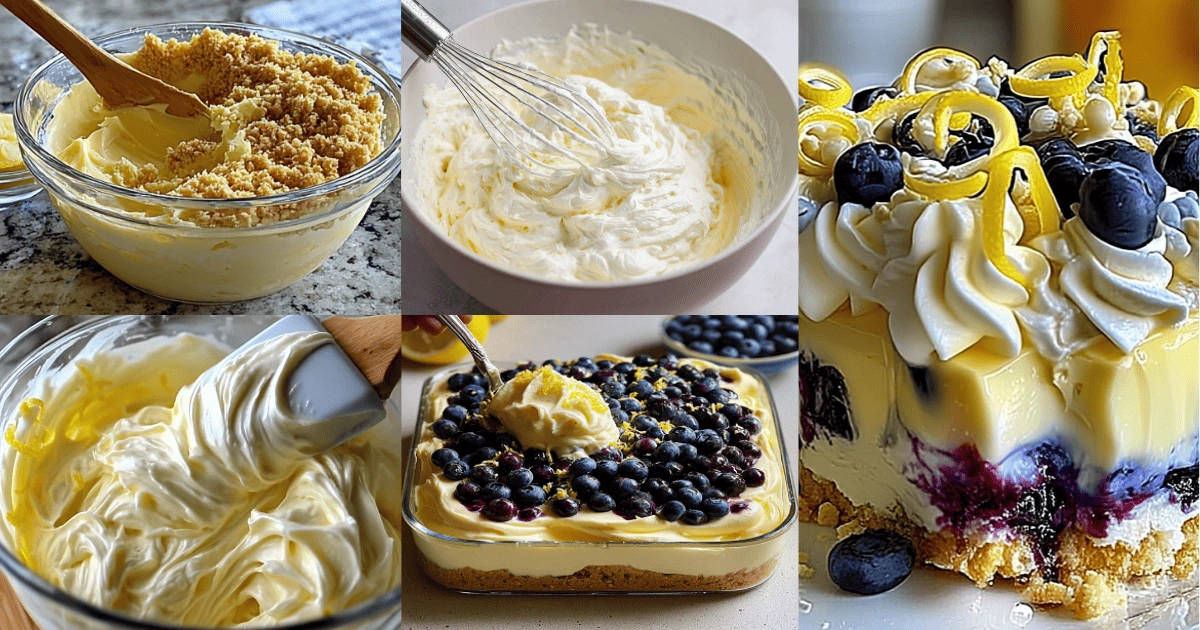 Step-by-step images showing the making of No-Bake Lemon Dazzling Blueberry Cream Cake from crust to final decorated slice