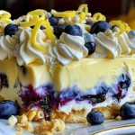 No-Bake Lemon Dazzling Blueberry Cream Cake with lemon zest, blueberries, and whipped cream