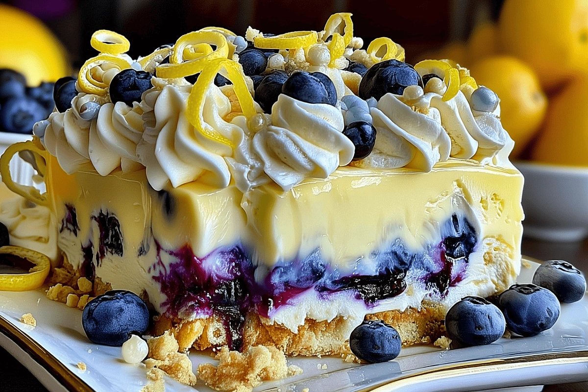 No-Bake Lemon Dazzling Blueberry Cream Cake with lemon zest, blueberries, and whipped cream