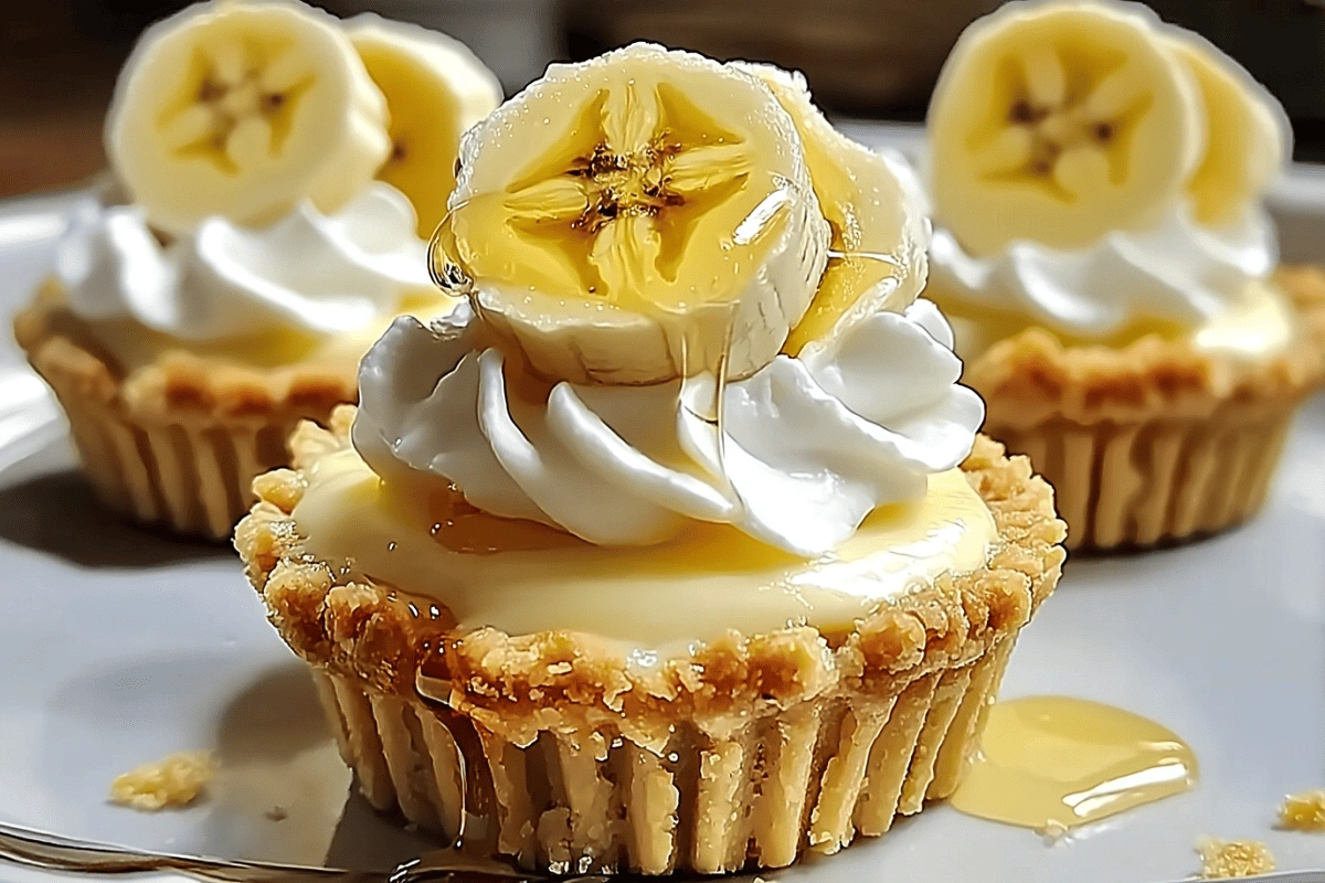 Close-up of no-bake mini banana cream pies with whipped cream, banana slices, and honey drizzle