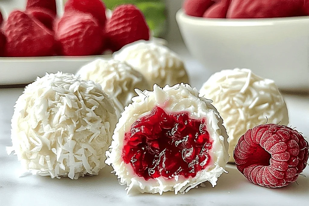 No-bake raspberry coconut balls filled with juicy raspberry center, coated in shredded coconut