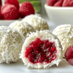 No-bake raspberry coconut balls filled with juicy raspberry center, coated in shredded coconut