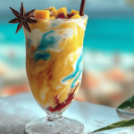 Ocean Love Colada tropical mocktail with coconut, mango, raspberry, and spirulina in a layered glass