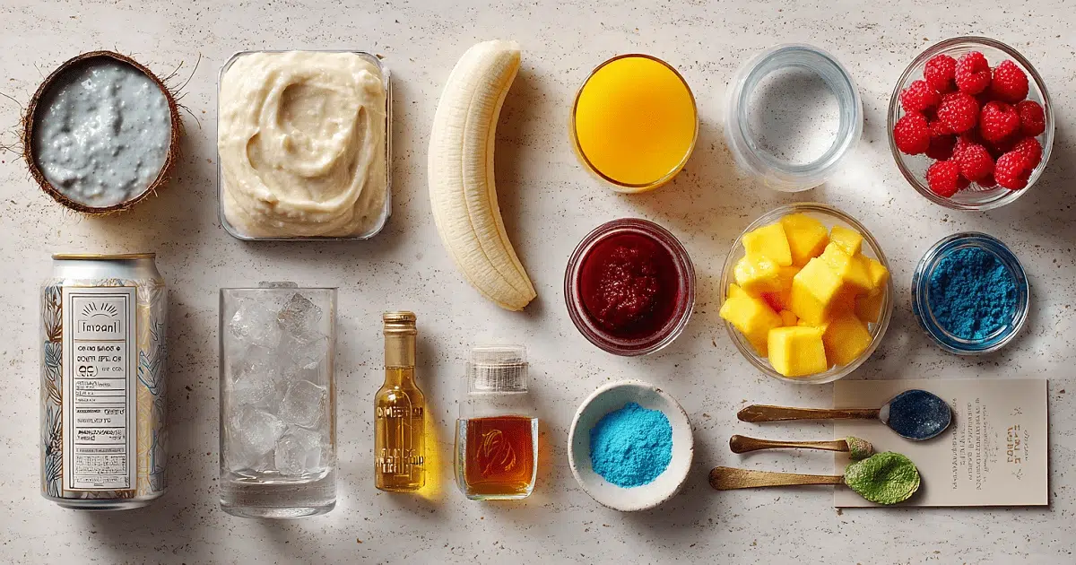 Flat lay of Ocean Love Colada ingredients including banana, mango, raspberries, coconut milk, spirulina, ice, orange juice, and honey