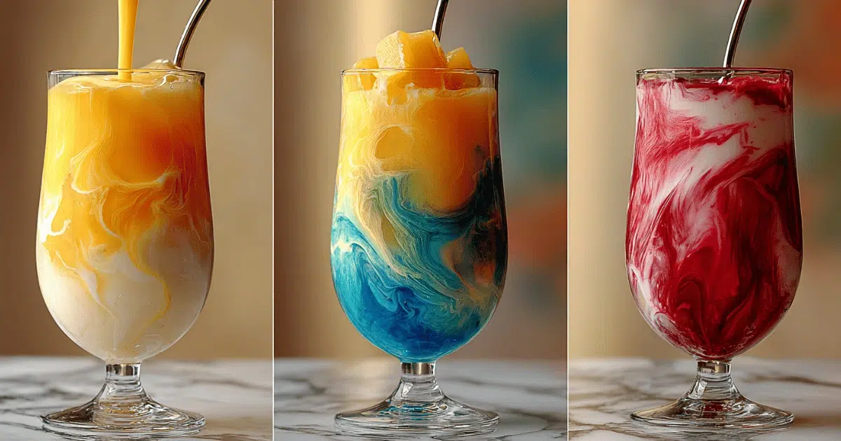  Three glasses of Ocean Love Colada mocktail showing separate mango, spirulina, and raspberry layers swirling with coconut milk
