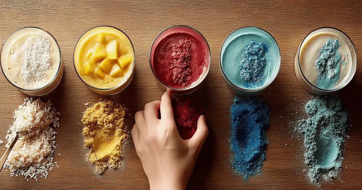 Top view of jars filled with colorful smoothie layers for Ocean Love Colada including mango, coconut, raspberry, and spirulina blends
