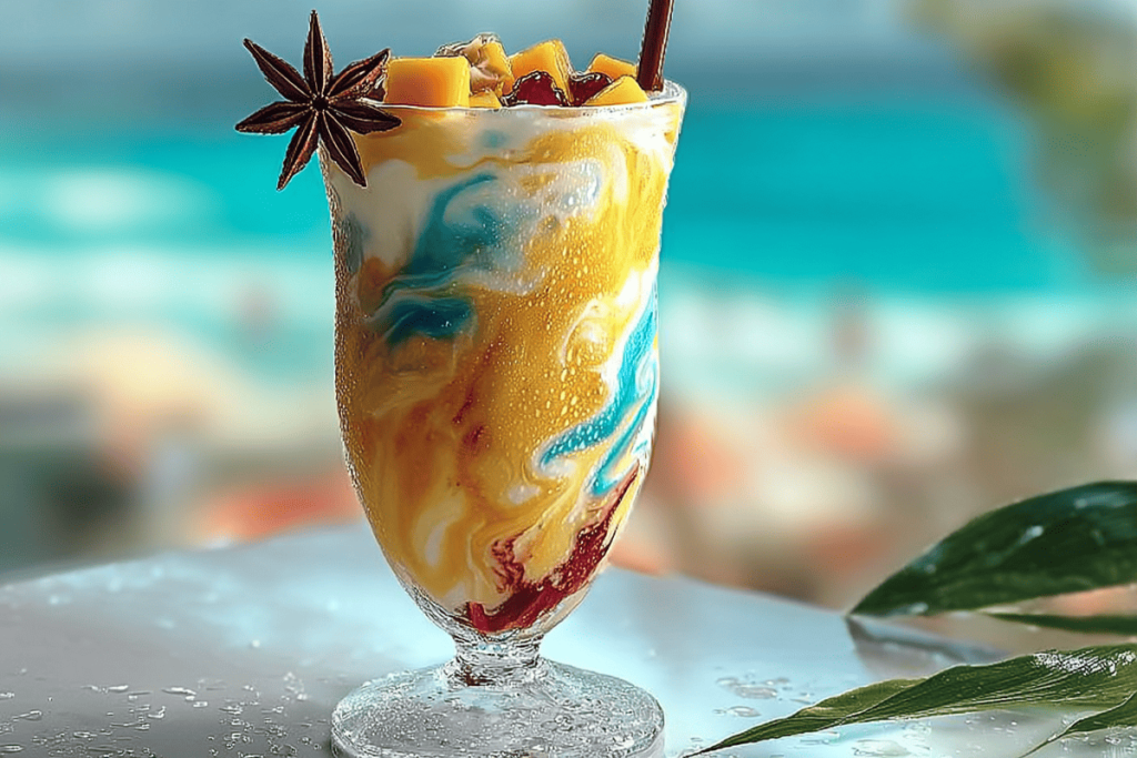 Ocean Love Colada tropical mocktail with coconut, mango, raspberry, and spirulina in a layered glass