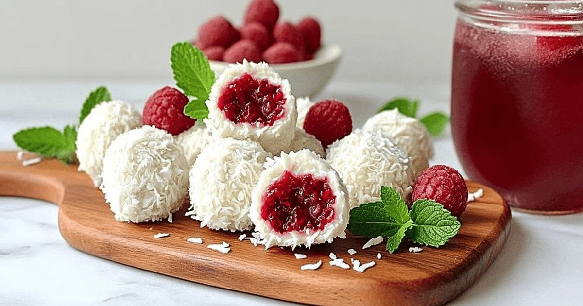 Served no-bake raspberry coconut balls on party tray