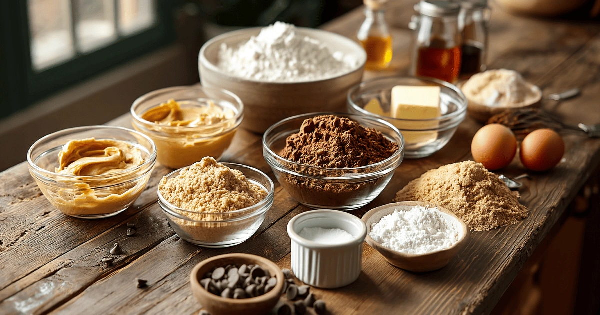 Rustic countertop display of ingredients for Peanut Butter Brownie Swirl Cookies including cocoa powder, flour, peanut butter, sugar, and eggs