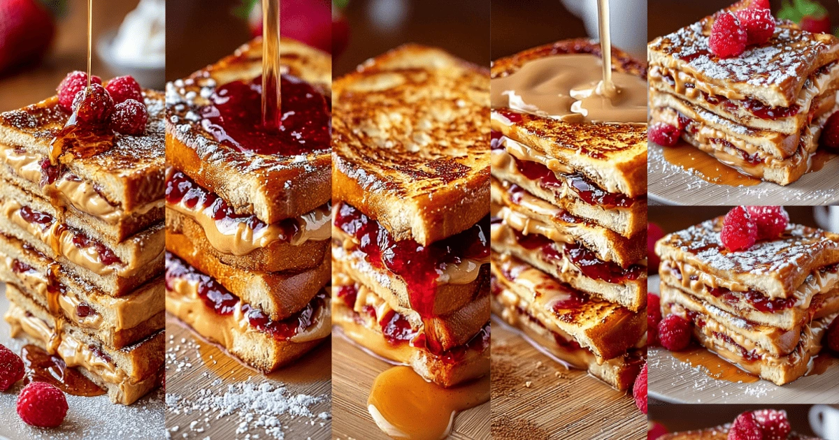 Step-by-step collage showing how to make Peanut Butter and Jelly Stuffed French Toast from layering to golden crisp finish