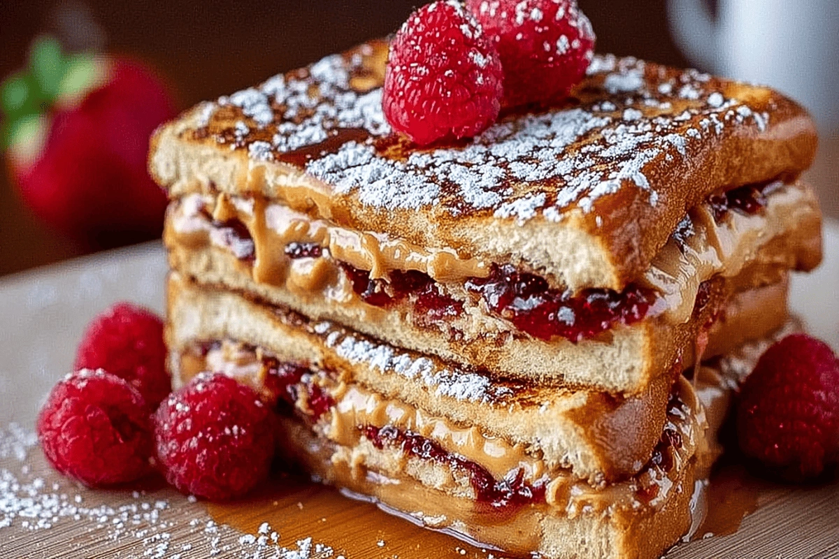Peanut Butter and Jelly Stuffed French Toast stacked with raspberries