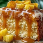Slice of Pineapple Heaven Cake with caramel glaze and pineapple chunks