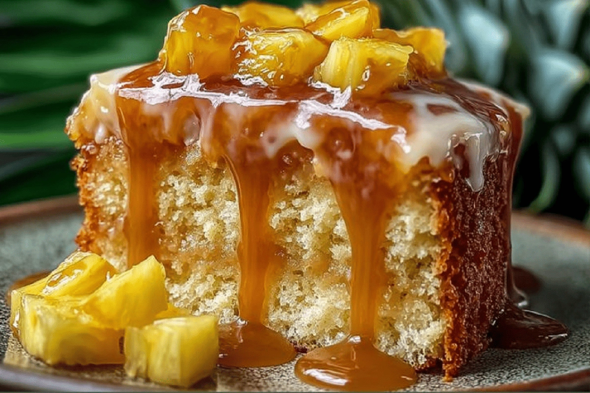 Slice of Pineapple Heaven Cake with caramel glaze and pineapple chunks