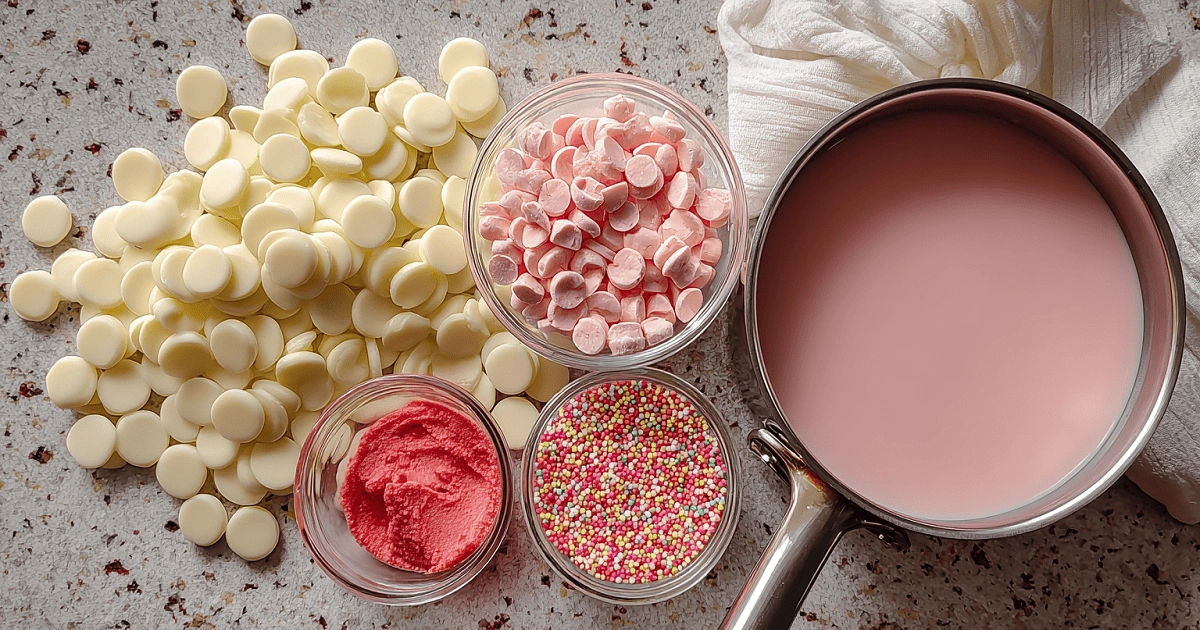 Ingredients for pink hot chocolate including white chocolate chips, pink chocolate chips, red coloring, sprinkles, and milk in a saucepan