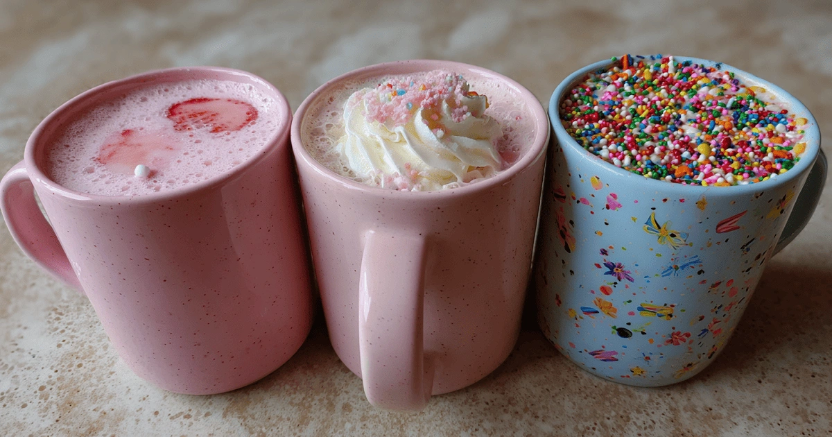 Pink hot chocolate variations in pastel mugs