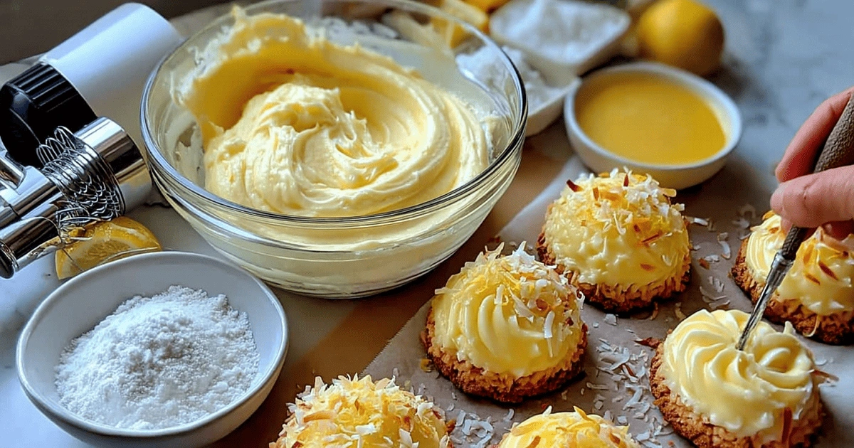 Hand frosting lemon coconut cheesecake cookies with swirled cream cheese topping beside ingredients like powdered sugar and lemon curd