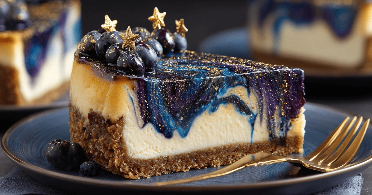 Slice of Ravenclaw Midnight Blueberry Cheesecake topped with gold stars and blueberries on blue plate with golden fork