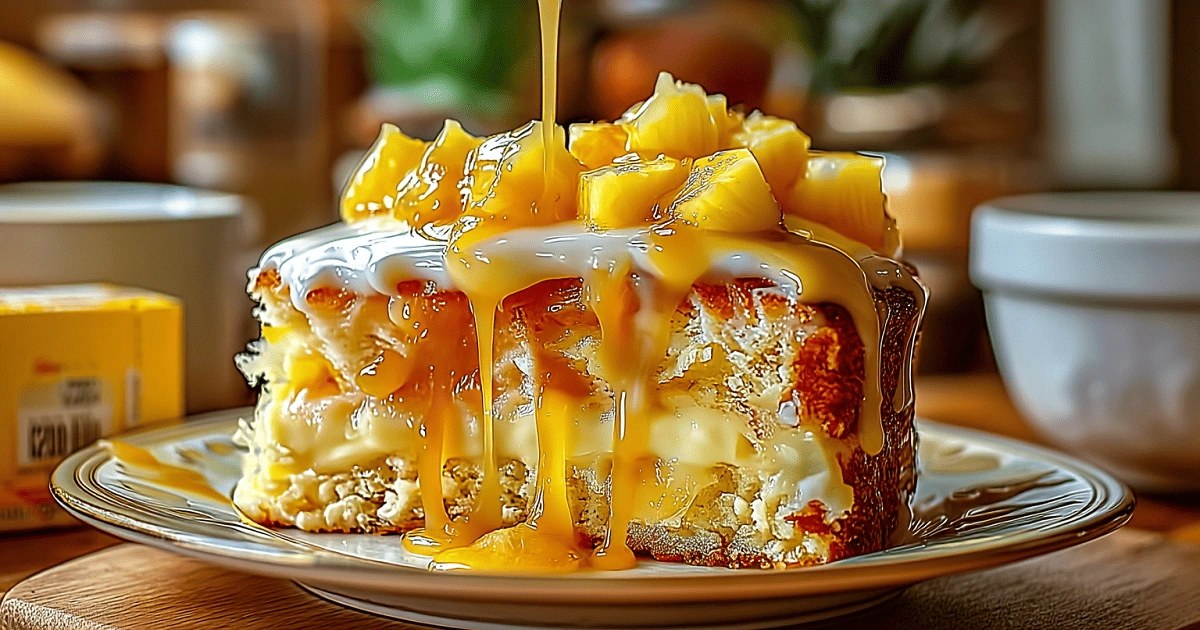 Pineapple glaze being drizzled over Juicy Pineapple Heaven Cake with creamy custard and pineapple topping