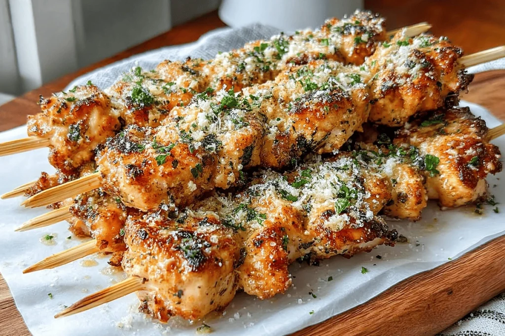 Close-up of grilled Ranch Garlic Parmesan Chicken Skewers stacked on a serving board with crispy edges and parmesan topping