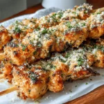 Close-up of grilled Ranch Garlic Parmesan Chicken Skewers stacked on a serving board with crispy edges and parmesan topping